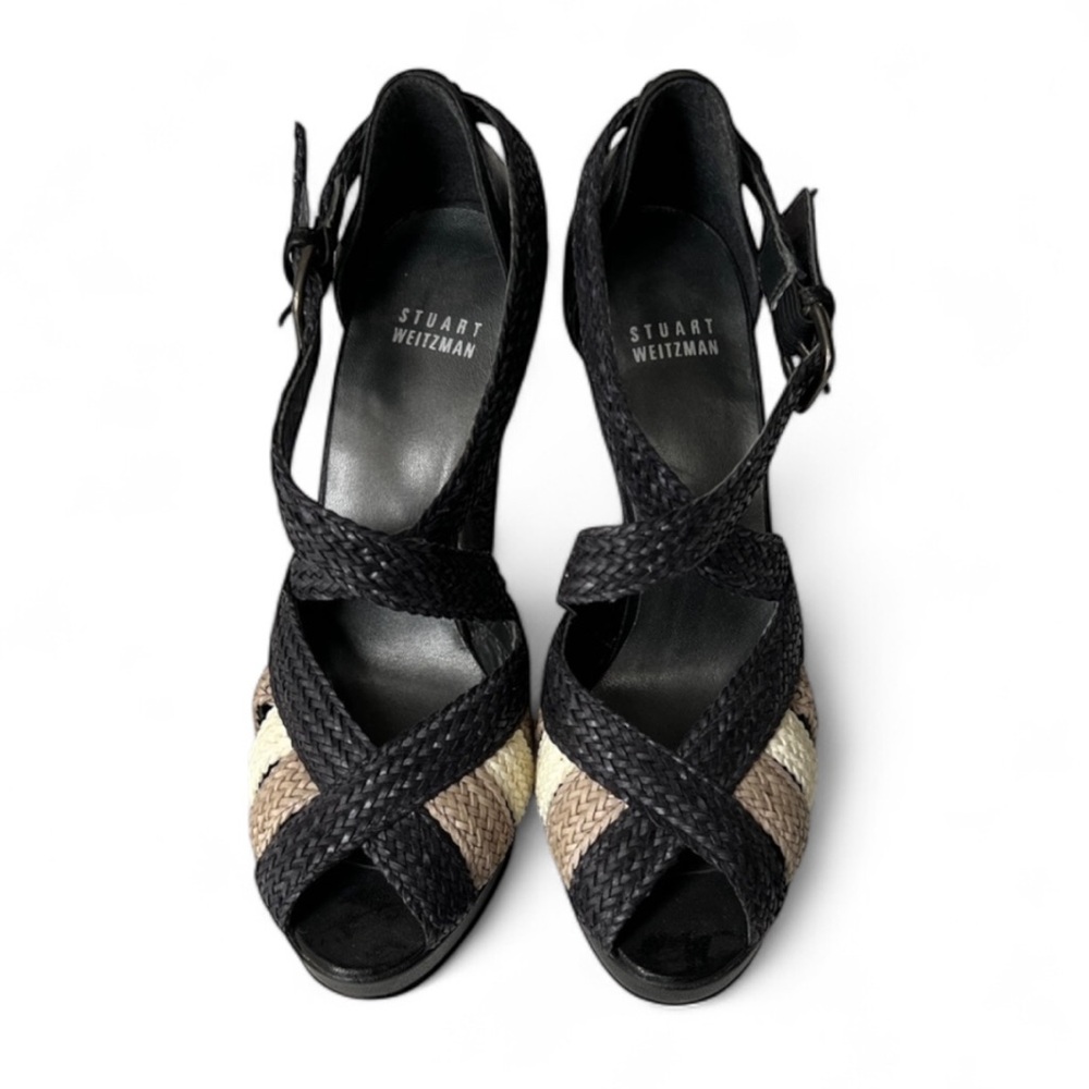 Stuart Weitzman Black Tan Bradford Woven Braided Leather Platform Heels, Sz 7.5